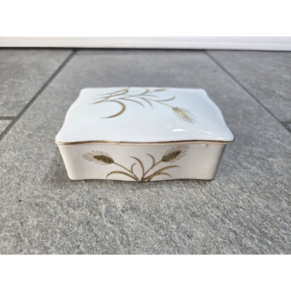 Vintage Crown China Hand Painted Trinket Box Gold Wheat Pattern England